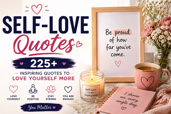 Inspirational self-love quotes design with pink flowers, a glowing candle, motivational notes, and cozy self-care elements promoting confidence, positivity, and personal growth.