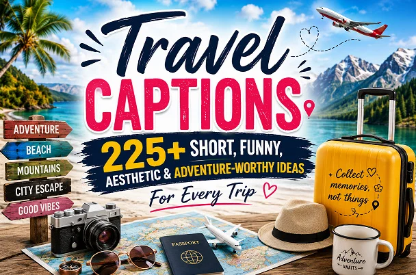 Colorful travel-themed design with a suitcase, passport, camera, airplane, beach, mountains, and adventure elements showcasing travel captions for every trip.