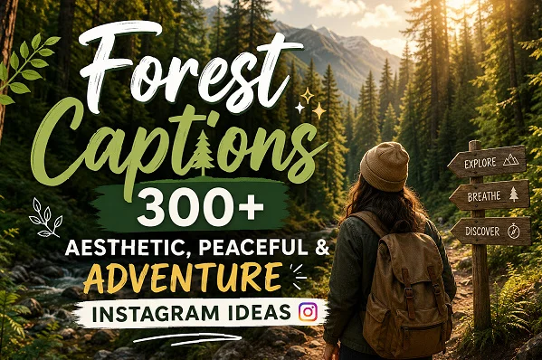 Sunlit forest landscape with tall pine trees, mountain views, a flowing stream, and a backpacker hiking along a woodland trail, featuring the text "Forest Captions 300+ Aesthetic, Peaceful & Adventure Instagram Ideas."